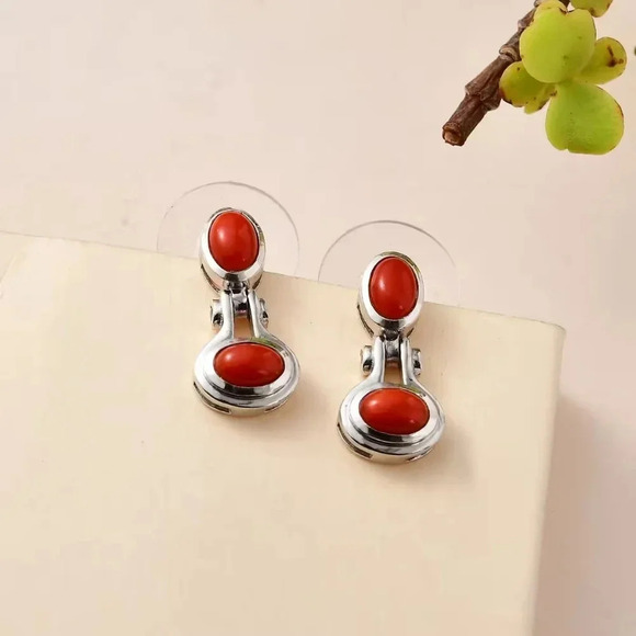 Mediterranean Coral, White Zircon Earrings in Platinum Over Sterling Silver 2.25 - Picture 1 of 5